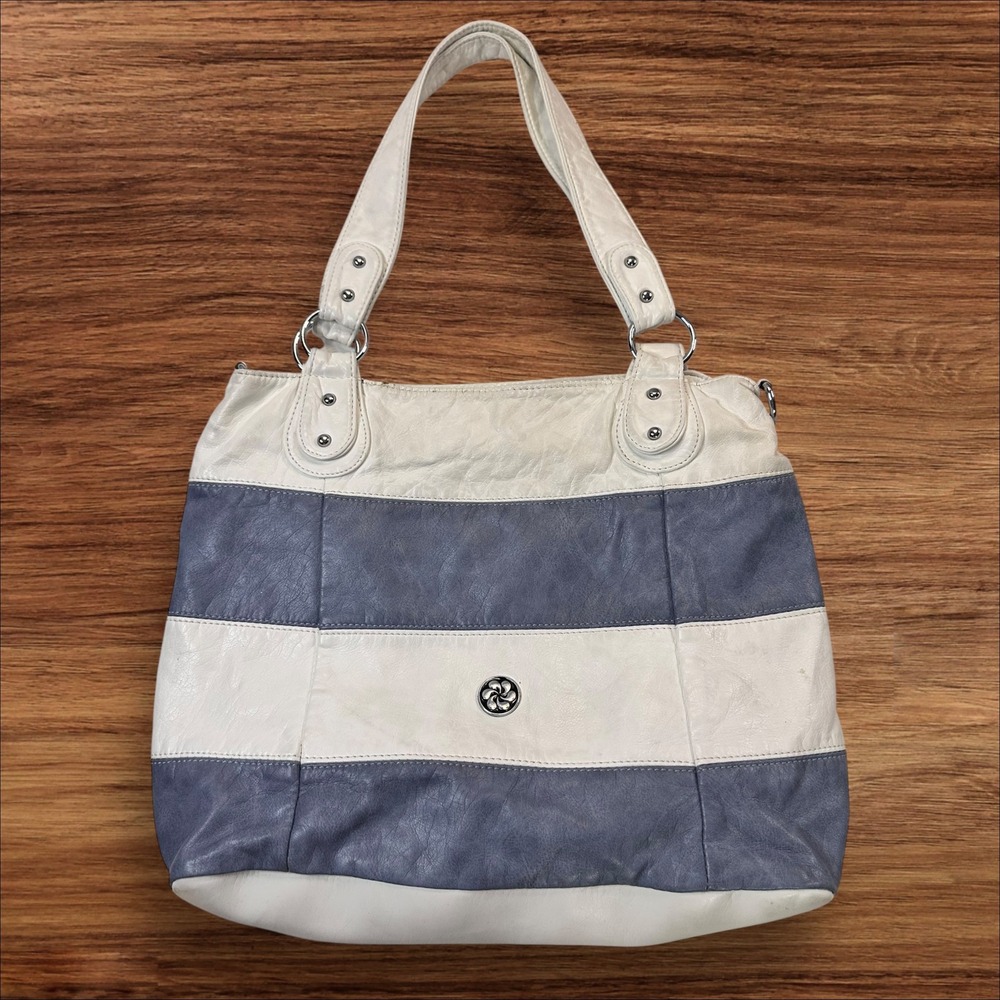 Angel Kiss Cream and Blue Striped Faux Leather Satchel‎ Tote Bag Purse